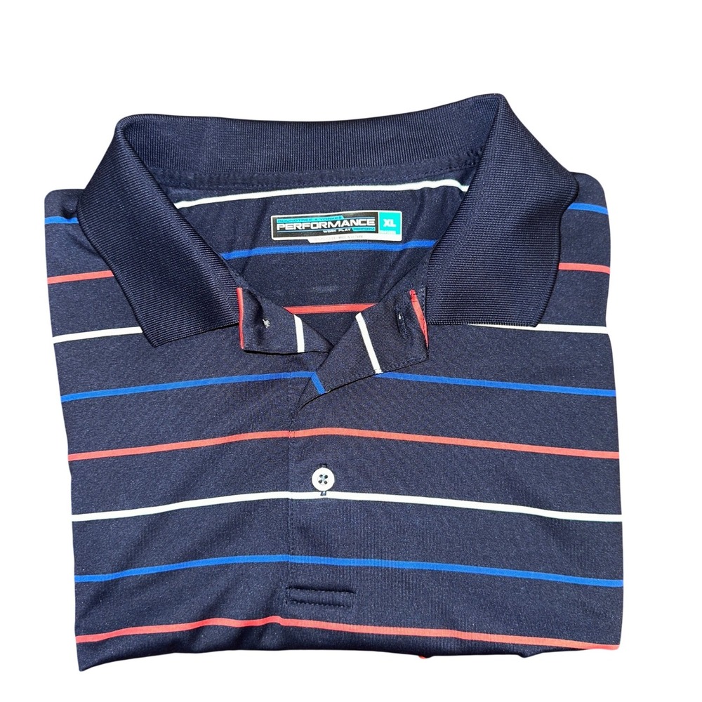 Roundtree & Yorke Performance Mens XL Polo Shirt Navy Blue Striped Golf Shirt